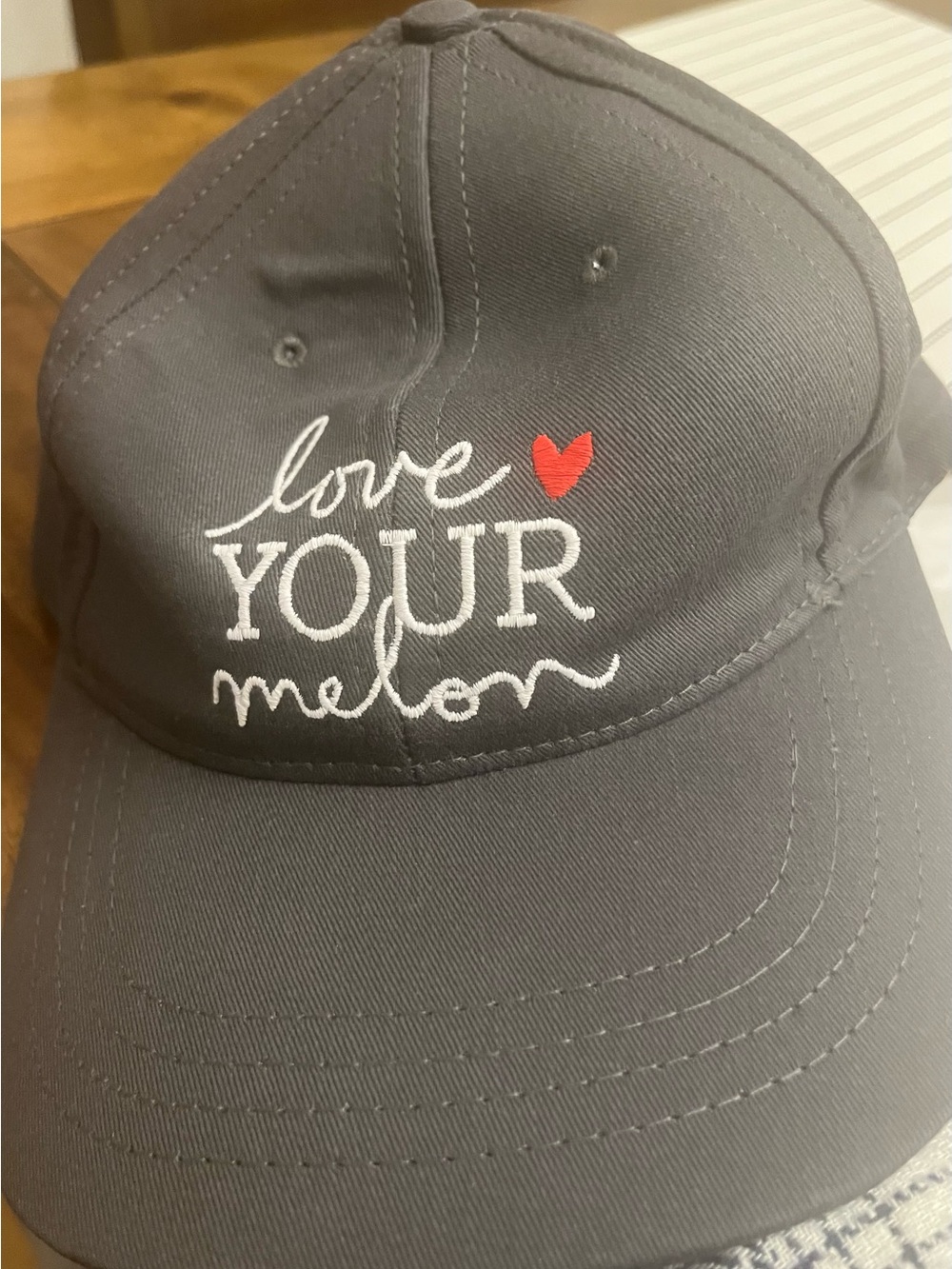 Love Your Melon Gray Cap with White Script and Red Heart
